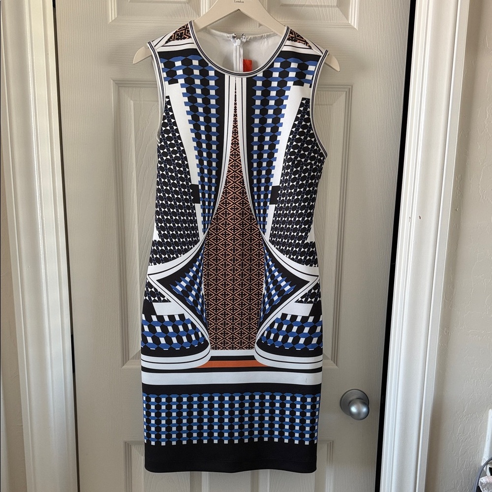 Clover Canyon Black and Blue Geometric Midi Dress Size L but more like M